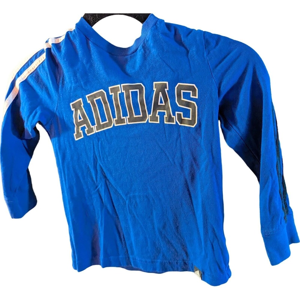 Adidas Shirt 3 Stripe Shirt Blue White Black 4T 4 T Kids Long Sleeves Spell Out